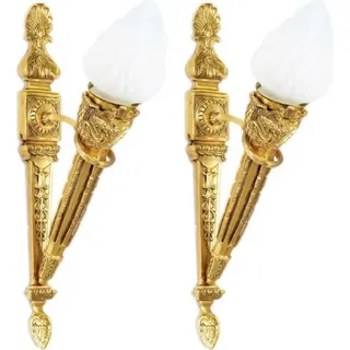 Casa Padrino Barock Wandleuchten Set Gold / Weiß 15 x 25 x H. 60 cm - Vergoldete Bronze Wandlampen im Fackel Design