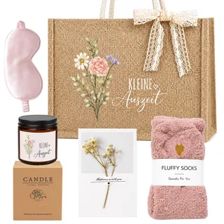 Figlove Geschenkset für Frauen – Wellness Geschenke Kleine Auszeit Set mit Jutetaschen Duftkerzen & Socken, Geburtstagsgeschenk für Freundin, Kollegin, Schwester, Mama & Oma (Rosa)