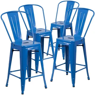 Flash Furniture Commercial Grade 4 Pack 61 cm High Metall Indoor Outdoor Hocker mit Rückenlehne, Kunststoff, verzinkter Stahl, blau, 4 Stück