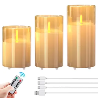 EXTSUD 3 Stück LED Kerzen Timer Aufladbare LED Kerzen mit Fernbedienung Flammenlose Led Kerzen für Wohnung Dekoration Weihnachten Geburtstag