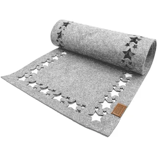 Miqio Design Filz Tischläufer Sterne | Tischläufer Winter | 100x30cm abwaschbar | Filzläufer 0ekotex Filzstoff mit Echtleder Label | Tischdecke Weihnachten- Hellgrau