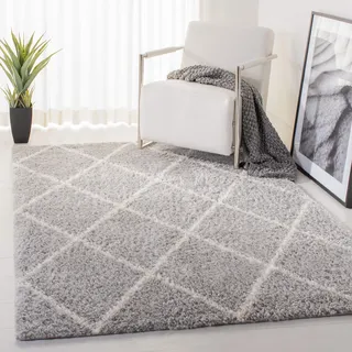 SAFAVIEH Zottelig Teppich für Wohnzimmer, Esszimmer, Schlafzimmer - Parma Shag Collection, Kurzer Flor, Grau und Creme, 160 X 229 cm