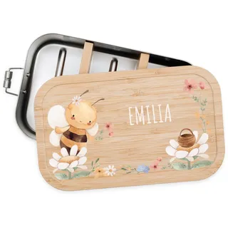 Bärenfreunde Brotdose Edelstahl Kinder personalisiert, Vesperdose Holz | Süße Kindergarten Lunchbox mit Bambusdeckel oder Namen für Kleinkinder, mit Fächern graviert als Geschenk, Dino, Traktor
