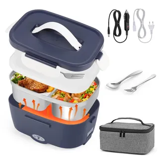 Elektrische Lunchbox Speisenwärmer Auto 3 In 1(12V/24V/220V) 1,5L mit Gabel Löffel, Abnehmbare Edelstahl Heizungs Lunchbox Elektrisch Brotdose, Tragbarer Warmhaltebehälter für LKW Haushalt Camping (C)