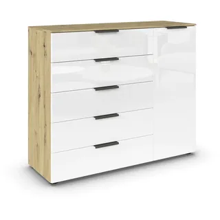Rauch Möbel Flipp, Kommode für Schlafzimmer, Kinderzimmer, Wohnzimmer, Jugendzimmer, Flur, Garderobe, 1-türig, 5 Schubladen, mit Softclose-Funktion, Farbe Eiche Artisan, Holz/Glas Weiß, Breite 120 cm