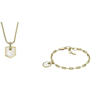 Fossil Damenkette Halskette und Kettenarmband - Heritage Crest Perlmutt, goldfarbene Edelstahl-Halskette und goldfarbenes Messingarmband