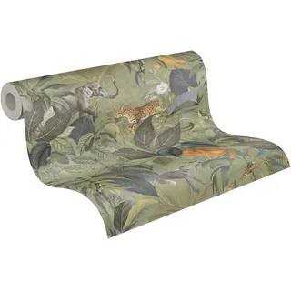 A.S. Création Dschungeltapete Papier grün - Tapete mit Tieren - Tapete Tiger Dschungel grün braun - 10,05m x 0,53m - Made in Germany