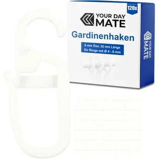 Vorhanghaken für Gardinen Ringe, 120 Stück, mit Ø 6 mm Öse, für Gardinenringe mit 4 bis 6 mm, in Weiß, Gardinenringe Haken zum Einhängen, Faltenlegehaken für Vorhangringe, Vorhang Haken Clip Set