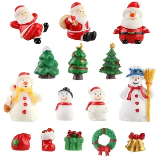 SALLYFASHION Harz Weihnachten Miniatur, 15 Stück Weihnachtsfiguren Mini Ornamente Set Weihnachtsmann Weihnachtsbaum Schneemann für Weihnachtsdeko DIY Feengarten