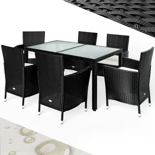 CASARIA CASARIA® Gartenmöbel Set 6 Personen Stühle inkl. 7cm Polster Tisch 150x90cm Balkonmöbel 160kg Belastbar Wetterfest Polyrattan Stapelbar Terrasse Möbel Schwarz