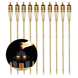 Relaxdays 10er Set Gartenfackeln, Ölfackeln aus Bambus, mit Docht, stimmungsvolle Fackeln für außen, Höhe: 90 cm, Natur, Unparfümiert