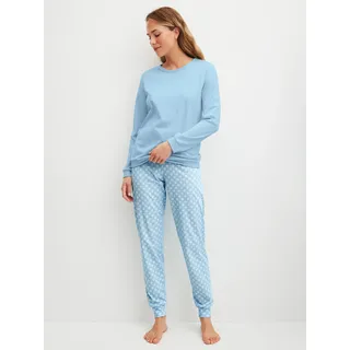 Schlafanzug CALIDA "Lovely Nights", Damen, Gr. XL (52/54), cascade blau, Single Jersey, Obermaterial: 100% Baumwolle, bequem lang, Rundhals, angesetztes Bündchen, Homewear-Sets Schlafanzug, Oberteil uni, Hose gestreift, Rundhalsausschnitt, weich, Langarm