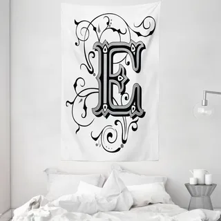 ABAKUHAUS Buchstabe E Wandteppich und Tagesdecke, Capitaized Zeichen-Strudel aus Weiches Mikrofaser Stoff Waschbar ohne Verblassen Digitaldruck, 140 x 230 cm, Schwarz Weiß Grau