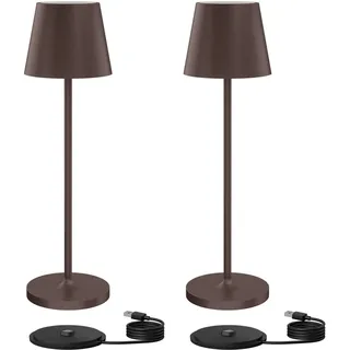 Klighten 2 Stück Dimmbare LED Akku Tischlampe, Für Innen und Aussen, Aufladbar Designer Tischleuchte mit USB Ladestation, 3000K Warmweiß Licht, Rostfarben, IP54, Aluminium