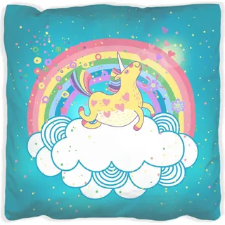 Wallario Premium Kissen, weiche Oberfläche, mit Motiv Lustiges Einhorn auf einer Wolke vor Regenbogen, Größe: 60 x 60 cm, mit weißer Rückseite - Türkis