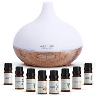 ASAKUKI 300ml Aroma Diffuser, Ultraschall Luftbefeuchter mit 8 * 10ml Ätherische Öle Set, Diffuser, 14-Farben-LED, 23dB Cool Mist Raumbefeuchter, Yoga, SPA, Zuhause-Gelb