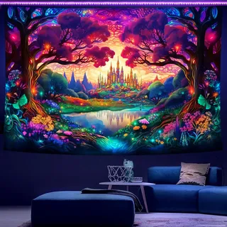 WIERAEM Schwarzlicht Wandteppich Wald Uv Psychedelic Wandtuch Natur Baum Burg Trippy WandtüCher SchöNe Bunt Fluoreszierende Tapestry Deko GroßEr 300x180cm