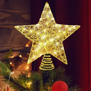 Christbaumspitze, 25 cm Baumspitze Weihnachten, Metall Design glitzerte 20 LED Lichter Christbaumspitze Stern für Festliche Weihnachten zu Hause Weihnachtsbaum Deko (Glittery Gold)