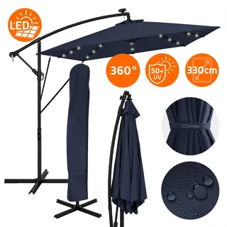 ML-Design Ampelschirm Ø330cm mit LED Solar Navy-Blau Alu Sonnenschirm mit Kurbel Abdeckung & Ständer Sonnenschutz & wasserabweisend drehbar & neigbar - Blau