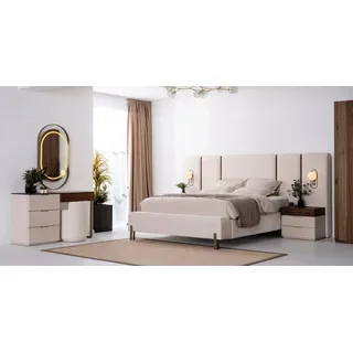 Beige Schlafzimmer Garnitur Edles Doppelbett Textil Hocker Schminktisch - Beige