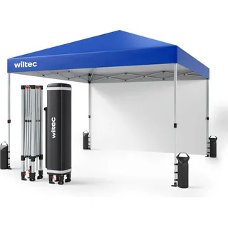 Wiltec Faltpavillon 3 x 3 m blau mit Rädern, Faltpavillon mit „One Push“-Technologie, Gartenpavillon mit UV-Schutz 50+, Pavillon für Camping - Blau