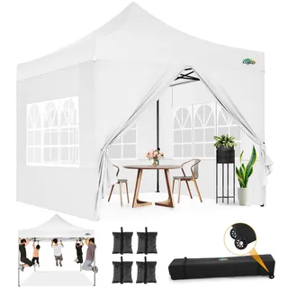 COBIZI pavillon faltpavillon 3x3 wasserdicht stabil Winterfest,Outdoor faltbar partyzelt,gartenpavillon mit 4 Seitenteilen und 4 Sandsack und Laufradtasche, Weiß