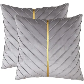 Tosleo 60 x 60 cm Kissenbezüge 2er Set Samt Kissen mit Goldfarbenem Leder Dekokissen Moderne Luxuriös für Sofa Gartenbett Couch Wohnzimmer Sofakissen Bett Grau