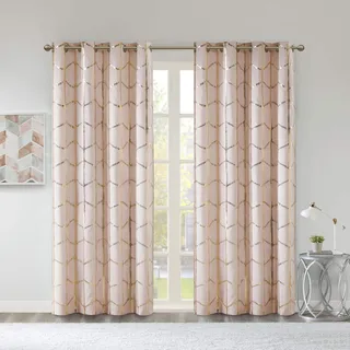 Intelligent Design Madison Park Raina Total Blackout Metallic Print Grommet Top Window Curtain Panel Thermal Insulated Light Blocking Drape for Bedroom Living Room and Dorm, 50x84, Blush/Gold