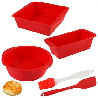 3 Stück Kuchenform Silikon,Rot Silikon Backformen mit Ölpinsel Schaber,Antihaftbeschichtet & BPA-frei,Silikonformen Kuchen zum Heißluftfritteusen,Backöfen,Brotbackform Silikoni für Laibkuchen,Brownies