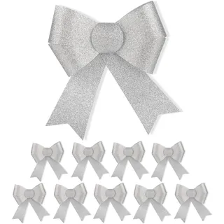 Relaxdays Schleife, 10er Set, große Zierschleife, Geburtstag, Weihnachten, Geschenk, glitzernde Dekoschleifen, Silber