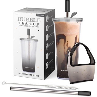 HYDRATE 2.ONE 700ml Bubble Tea Becher mit Boba Strohhalm und Tragegriff | Trinkbecher mit Deckel aus Plastik, Becher ideal als Cocktailgläser, für Tea mit Boba perlen & Eiskaffee oder Smoothie