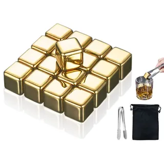 Kellegour Whisky Steine Edelstahl Set,16 Stück Whiskysteine in Gold,Wiederverwendbare Edelstahl Metall Eiswürfel Gold,Eiswürfel mit Kieselgel Eisclip,für Whisky,Wodka,Likör,Wein,Getränkesaft
