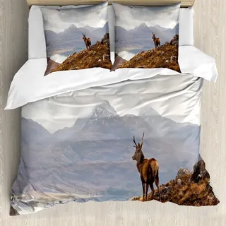 ABAKUHAUS Hirsch Bettbezug Set, Wild Stag Mit Aussicht Auf Loch Torridon Dramatische Western Ross Mountain Nature Aussicht, 200 x 200 cm + 80 x 80 cm, Braun weiß