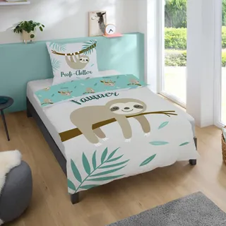 Familando Faultier Bettwäsche Set 2-teilig Decke 135x200 + Kissen 80x80 cm - Kinderbettwäsche aus 100% Baumwolle mit Reißverschluss - Oeko-Tex Motiv Profi-Chiller - Atmungsaktiv & Hautfreundlich