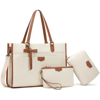keyli Laptoptasche für Damen, Segeltuch, 39,6 cm (15,6 Zoll), große Kapazität, Schultertasche, leichte Aktentasche, Geldbörse, 3-teiliges Set, Braun, 3 Stück