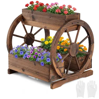 FANTASK Blumenkasten Holz mit 3 Pflanzkästen, 61,5 x 55 x 62 cm, Pflanzenständer rustikal mit Wagenrad & Ablauflöchern, Blumenständer, Gartenbeet für Terrasse Balkon Garten (Braun)
