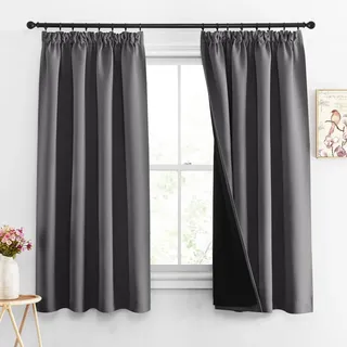 PONY DANCE Doppellagige Gardinen 100% Blickdicht Thermovorhang Kälteschutz Kräuselband Übergardinen 2er Set H 160 x B 140 cm Verdunkelungsvorhang Schlafzimmer Vorhänge für Schienensystem, Grau