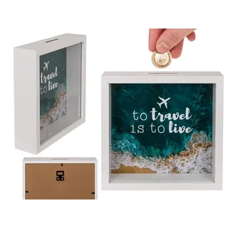 Out of the Blue Holz-Spardose, to travel is to live, mit Rahmen, ca. 20 x 20 cm, Weiß