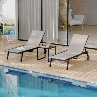 GarveeHome 3-Teiliges Terrassen-Lounge-Set Mit 2 Textilene-Liegen Und 1 Couchtisch, Loungesessel Mit Verstellbarer Rückenlehne Und Rollen, Für Poolbereich Und Terrasse