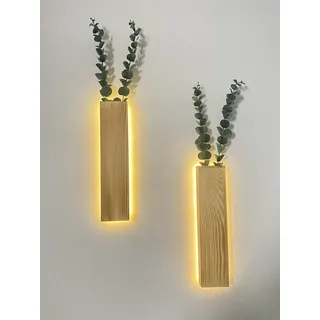 2 Stück Holz Wandvase mit LED Lichtern für Zimmerpflanzen, Künstlicher Eukalyptus Wandpflanzgefäße Fake Vines Wand Pflanzgefäße für Wohnzimmer, Badezimmer, Dekorationen Wanddeko Grünpflanzen