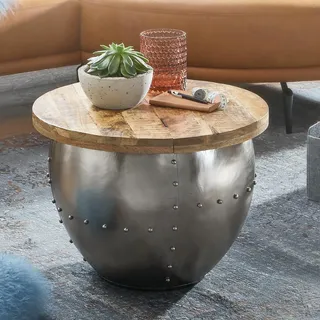 FineBuy Couchtisch Mango Massivholz / Metall Silber 60x43x60 cm Industrial Rund Design Wohnzimmertisch mit Stauraum Moderner Loungetisch Sofatisch - Silber