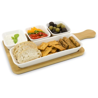 ROMINOX Geschenkartikel Servierschalen // Quattro Bamboo, 5-teiliges Set aus 4 Keramikschälchen auf Bambusbrett mit Griff, für Snacks, Antipasti oder Tapas mit Dips; ca. 35.5 x 18.5 x 3.7 cm