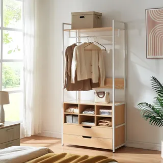 [en.casa] Garderobenständer Larem Kleiderständer mit 6 Fächern Metallgestell 180 x 84 x 40 cm offener Kleiderschrank mit Kleiderstange Standgarderobe Flurgarderobe mit einer Ablage Eicheoptik