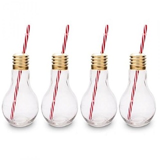 CKB LTD® Pack of 4 Edison Light Bulb Neuheit Gläsersets Trinkgläser mit Deckel und Trinkhalm Stroh 4 Gläser Set Ideal für Soft Getränke, Bier, Cocktails und Rum