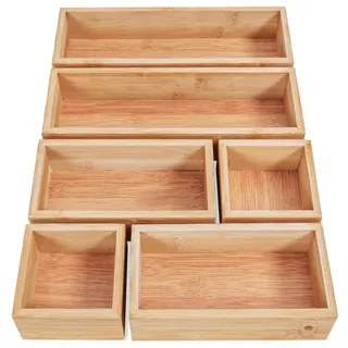 DeinKaufladen.com 6er Set Aufbewahrungsbox Holz Box Badschrank Organizer Sortierbox Holz Aufbewahrung Holz Sortierkasten Holz Kosmetik Organizer Holz Ordnung Badezimmer Schubladen Organizer Holz