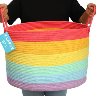 OrganiHaus Wäschekorb Kinderzimmer, Spielzeugkorb, Großer Geflochtener korb Mit Griff, Faltbar & Stabiler, Aufbewahrungskorb Kinder Für Decken, Spielzeug & Kleidung, Regenbogen Design - 50x33cm
