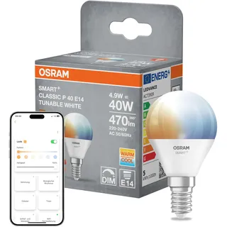 Osram SMART+ LED-Lampe P40, E14 Miniball Form, Tunable White, App- und Sprachsteuerung, dimmbar, Matter, warm- bis kaltweiß, 20000 h Lebensdauer
