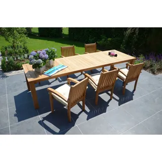 Traditional Teak Set Noor, Victoria - bestehend aus 1x Tisch Noor 320 x 100 cm, 6x Stapelsessel + Schutzhaube atmun...