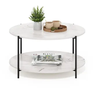 Furinno Besi 2-stufiger moderner runder Couchtisch mit stabilen Metallbeinen, Marmor Weiß/Schwarz