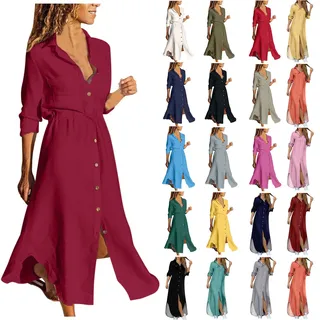 Baumwolle Leinen Sommerkleid Damen Einfarbig Vintage Blusenkleid Revers Hemdkleid Langarm Maxikleid Strandkleid Leinenkleid mit Kordelzug Einreihiges Shirt Kleid Freizeitkleid Große Größen 5XL